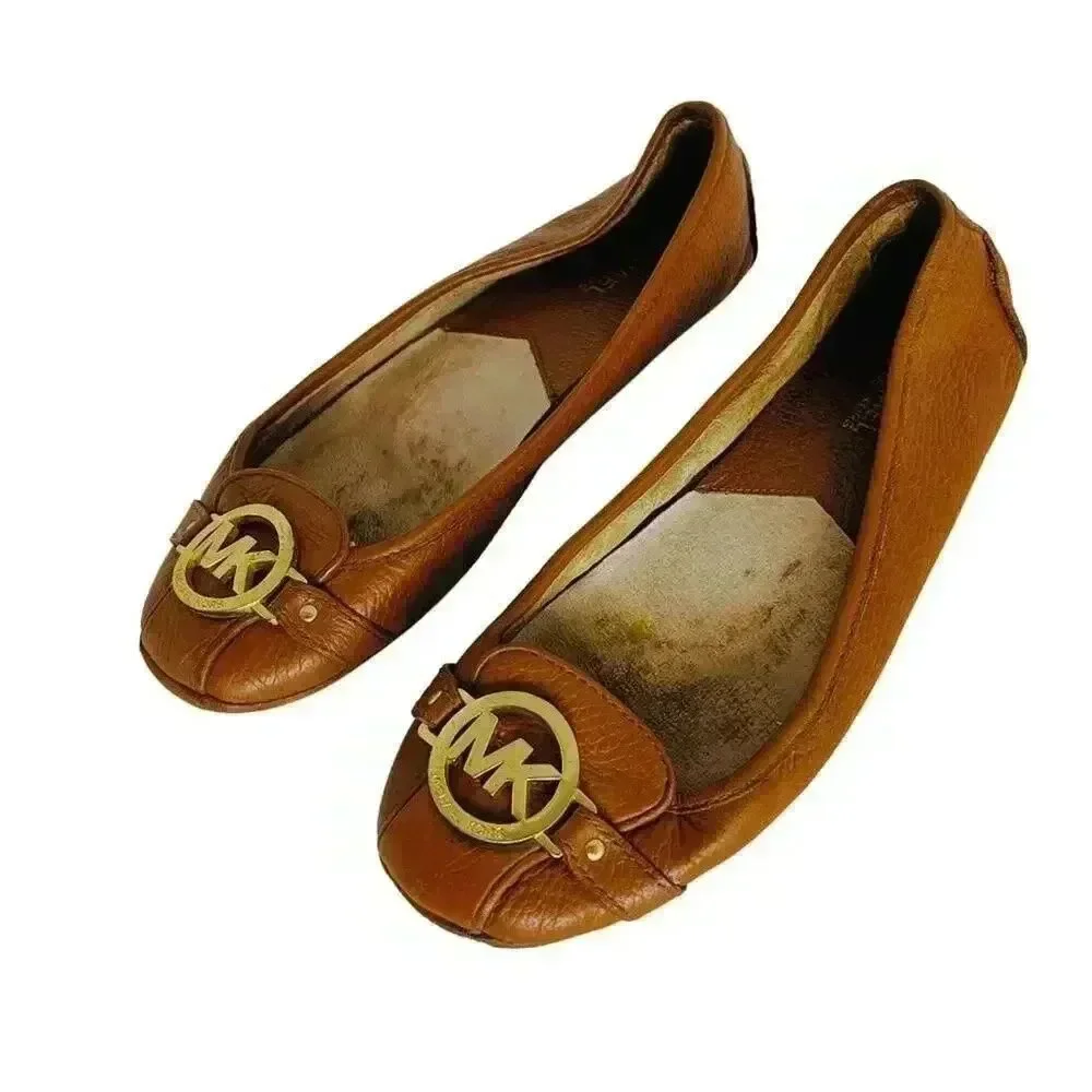 Michael Kors Brown Leather Flats Loafers Gold MK Emblem Women's Size 8.5